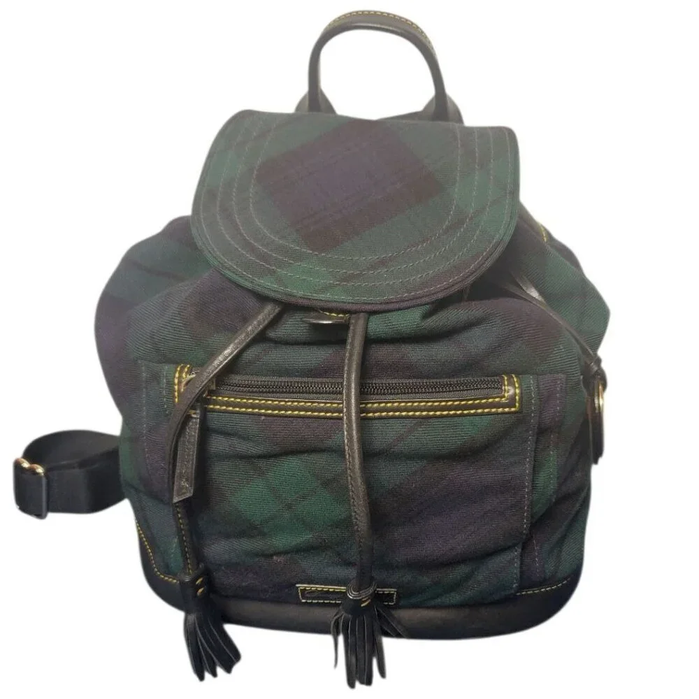 Dooney & Bourke Plaid Canvas & Leather Backpack With Tassel Accents